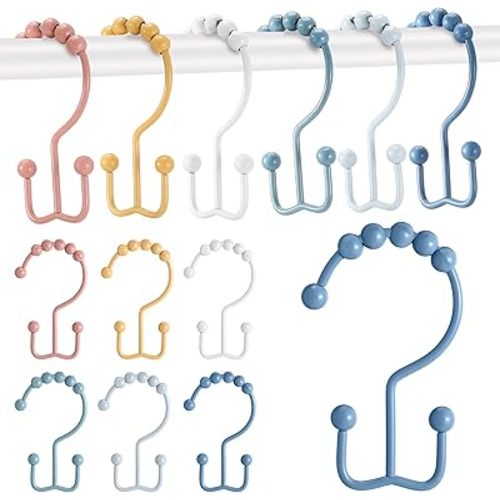 Wenqik 12 Pcs Colorful Shower Curtain Hooks Bohemian Rainbow Color 304 Stainless Steel Rings Rust Proof Balanced Double Glide Shower Hooks for Curtain Bathroom(Bohemian Color)