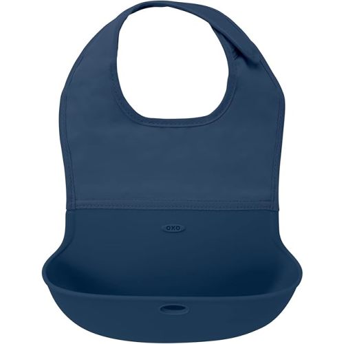 Oxo Tot Bavoir enroulable en silicone avec col confortable en tissu, bleu marine