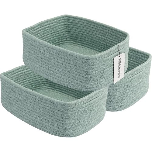 XUANGUO Small Woven Storage Baskets for Shelves, 12" x 8" x 5", Green | Decorative rope storage bins for closets and toy storage; cute organizer baskets, empty gift baskets and nursery storage.