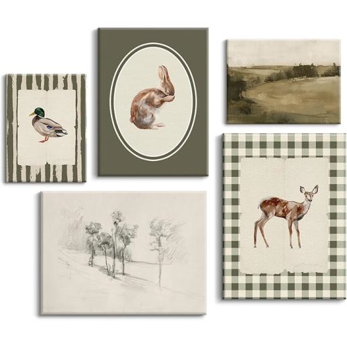 Vintage Nursery Wall Art Kids Canvas Poster Baby Boy Room Wall Decor Green Rabbit Wall Art Bunny Bird Prints Deer Picture Farmhouse Painting Nursery Artwork for Bedroom 8x10x5 Inch Ready to Hang