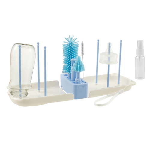 Travel Baby Bottle Cleaner Kit with Silicone Brush Set Portable Drying Rack and Soap Dispenser Breast Pump Parts Washer
