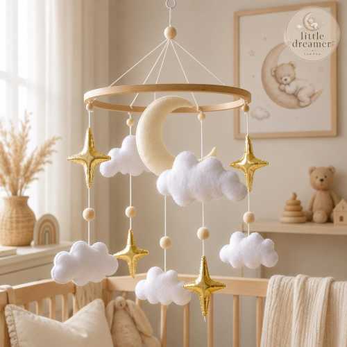 Wooden Crib Mobile – Moon, Clouds, Stars Nursery Decor