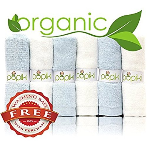 Pupiki Baby Washcloths: 6 Ultra-Soft 100% Organic Bamboo Baby Washcloth + Wash Bag Hypoallergenic Face towels Extra-Absorbent 10X10 Newborn Towel for Boys & Girls Great Baby Shower Gift White & Blue