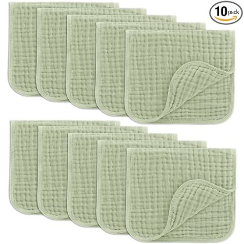 Comfy Cubs Muslin Burp Cloths 20" x 10", Pack of 10 - Large, 6-Layer, Ultra Absorbent 100% Cotton for Baby Drool and Messes - Soft, Safe & Gentle Baby Burp Cloths for Boys & Girls - Sage