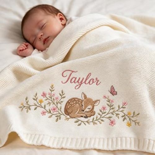Personalized Baby Blanket with Name for Girls - Custom Embroidered Deer & Floral Name Blanket, 100% Cotton Knit Baby Blanket, Pink Woodland Nursery Keepsake Gift, 30x40 in