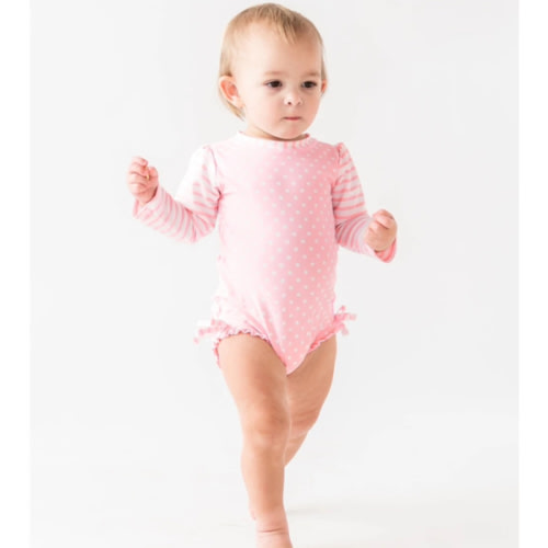 Long Sleeve One Piece Rash Guard | Pink Polka Dots