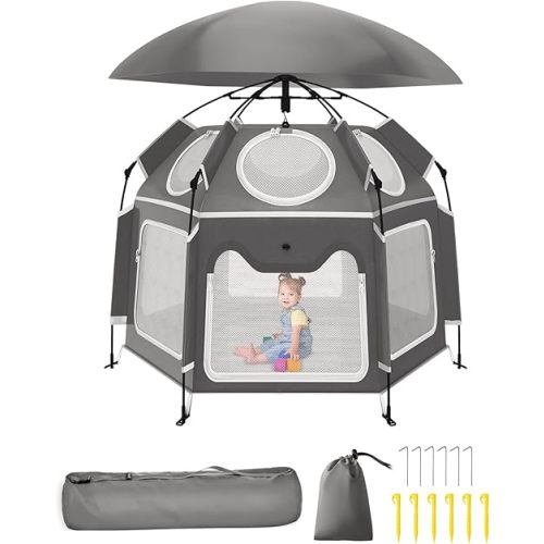 Pop-Up Portable Baby Playpen with UV Canopy, Waterproof Outdoor & Indoor Play Tent, Breathable Mesh Sides, Quick Setup Folding Baby Play Yard with Carry Bag & Stakes 63"