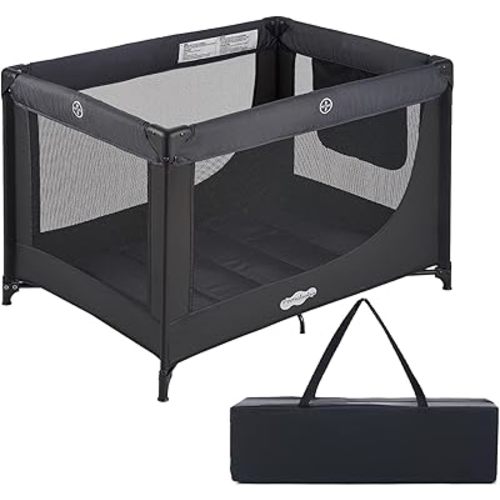Pamo Babe Compact Pack and Play - Portable Crib for Baby, Lightweight Foldable Travel Playard with Mattress Pad & Carry Bag, Safe Breathable Travel Bed for Home, Trips & Family Visits, Black