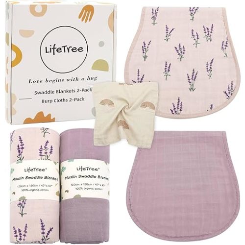 LifeTree Baby Swaddle Blankets 2 Pack and Burp Cloths 2 Pack Set, Muslin Swaddling Wrap Receiving Blanket for Newborn, Organic Cotton, Large 47" x 47", Lavender and Mauve