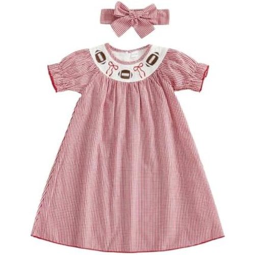 Hulpvktsgiq Toddler Baby Girl Football Outfit Cute Plaid Embroidery Smocked Romper/Dress Short Sleeve Clothes with Headband