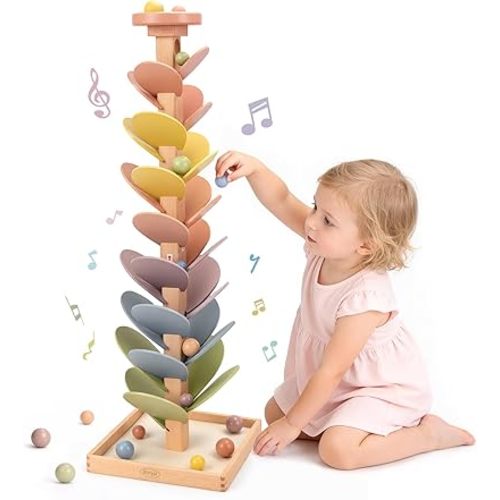 Joyreal Wooden Marble Run Music Tree for Kids 3-5 4-8, Montessori Wooden Ball Drop Toy, Rainbow Marble Tree Tower with Sound Leaves, Educational Learning Birthday Gift