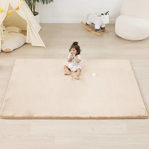 1.3" Thick Baby Floor Play Mat 50x74, Basic Padded Foam Mat for Tummy Time Crawling, Non Slip Cushioned for Babies Toddlers Infants Kids (Beige)