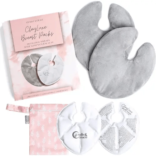 Cradle & Grace ClayLuxe Breast Therapy Packs, Natural Clay Hot & Cold Breast Pads with Covers & Bag, Reusable Breast Ice Packs for Mom's Breastfeeding Essentials