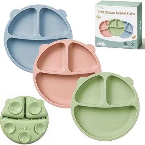 DRKIO 3 Pack Silicone Toddler Plates, Divided Suction Plates for Baby