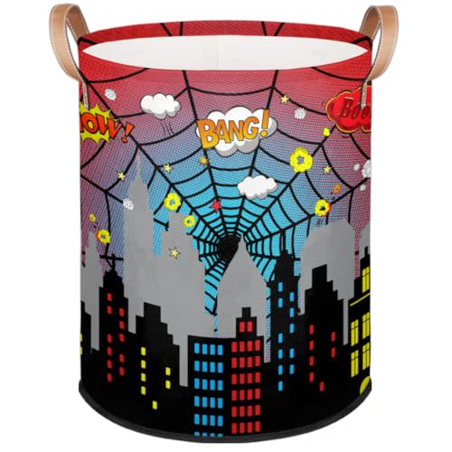 Dirty Clothes Hamper for Boys Laundry Basket City Skyline Spider Web Collapsible Large Round Storage Bin Organizer for Living Room Bedroom Playroom