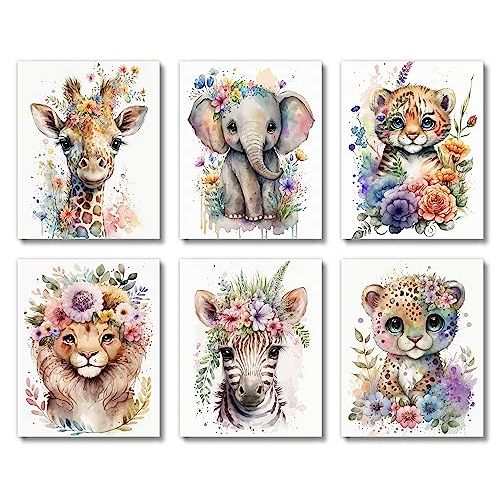 Brooke & Vine Baby Watercolor Safari Animals Nursery Decor Wall Art Prints (UNFRAMED 8x 10 Set of 6),Jungle Themed Gender Neutral Toddler, Classroom,Zebra Elephant Giraffe Tiger Leopard Lion