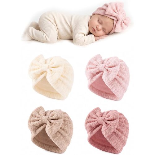 4 Pack Newborn Baby Girl Bow Hats 0-3 Months Preemie Nursery Caps