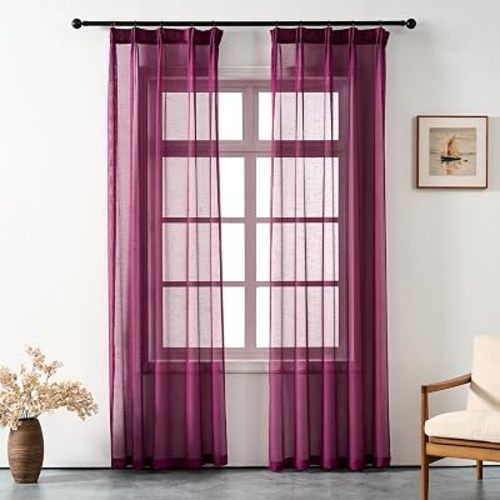 Plum Purple Sheer Curtains & Drapes 102 Inches Long Pinch Pleat Thin Linen