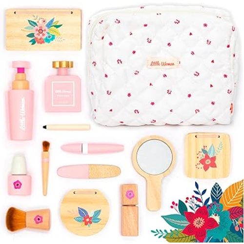UMU® Wooden Pretend Makeup Kit for Toddlers – Realistic Toy Beauty Set for Girls with Lipstick, Mirror, Perfume, Powder & Cosmetic Bag – Play Makeup for Kids Ages 3 4 5 6