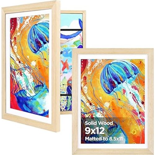 KINLINK 9x12 Kids Art Frames Set of 2, Solid Wood Kids Artwork Frames Changeable with Acrylic Front Opening Holds 150 Pictures, Art Frame for Kids Artwork with Mat or without Mat, Natural