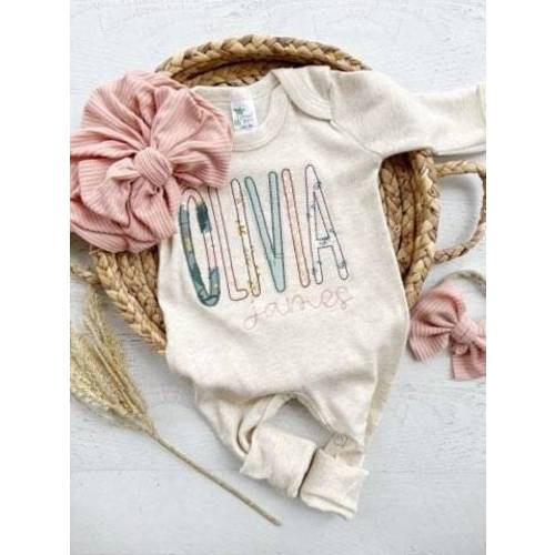 Personalized baby girl romper and bow, pink infant girl coming home outfit, custom name, baby shower gift, romper with footies, sage green