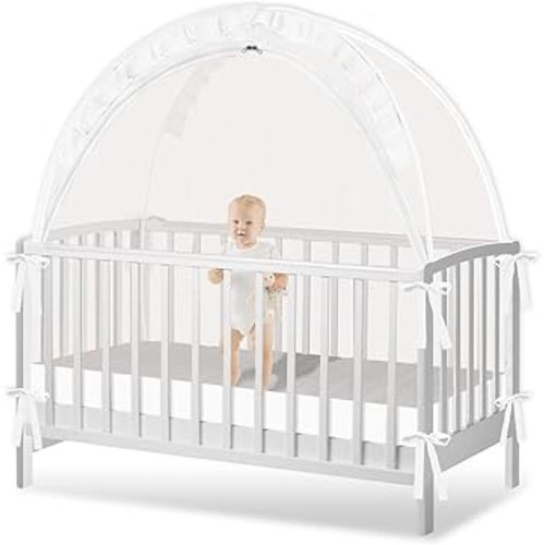 Crib Tent to Keep Baby from Climbing Out - Crib Net to Keep Baby in - Pop Up Breathable Cribs Cover - Canopy with Upgrade Strong Mesh and Durable Zipper (White, Lager)