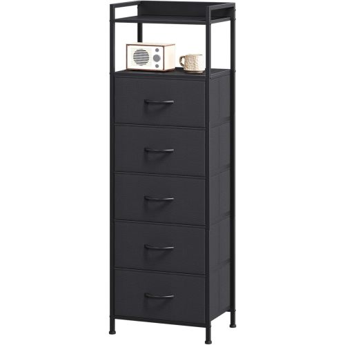 Somdot Tall Night Stand for Bedroom,Tall 5 Drawers Dresser, Vertical Storage Tower Unit, Nightstand Furniture with Fabric Drawer Organizer in Bedside Kids Dorm Room Closet Laundry Entryway,Black