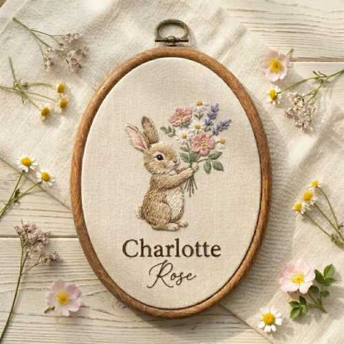 Personalized Bunny Embroidery Hoop, Custom Baby Name Wall Art, Woodland Nursery Decor, Embroidered Rabbit with Flowers, Baby Girl Gift
