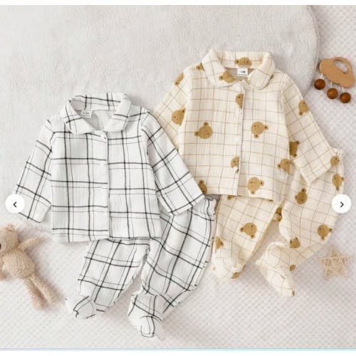 Newborn Baby Pajamas-2 Pieces Pajama Set Grid Check Collared Round Neck Long Sleeve Footed Pants Button Front Neutral Cream White Four Seasons Lightweight Cozy Gentle On Skin Perfect Holiday 2026 Essential