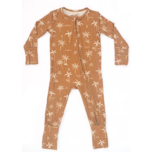 Shwally Organic Baby Bamboo Rompers with 11 Signature Prints - Infant Zipper Jumpsuits (Palm Camel, 0-3 Months)