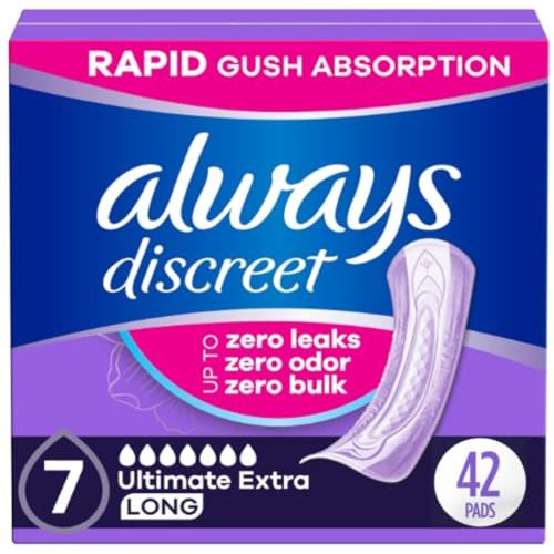 Always Discreet Adult Incontinence Pads for Women, Ultimate Extra Absorbency, Long Length, Postpartum Pads, 42 Count