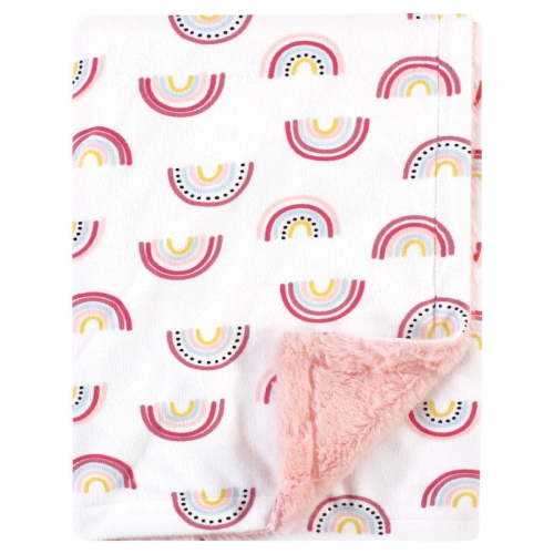 Hudson Baby Infant Girl Plush Blanket with Furry Binding and Back, Modern Rainbow, One Size