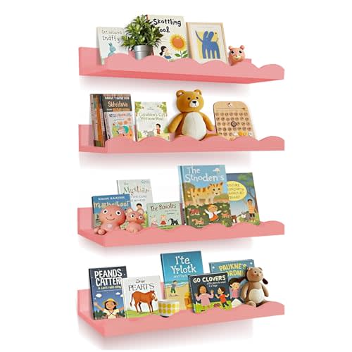 Nursery Book Shelves, 4 Pack Pink Floating Shelves for Wall, Wood Scalloped Shelves for Storage Books, Wall Book Shelf for Kids Rooms, Bedroom, Toddler Room, Baby Room, Nursery Decor