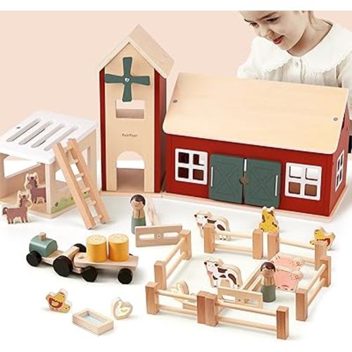 Wooden Barn & Tractor Farm Playset, 31 Piece Pretend Farm Animal Toy Set with Barn, Tractor & Trailer, Montessori Learning Gift for Toddlers Ages 3+