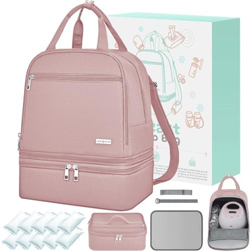 Breast Pump Bag with Insulated Cooler, Double-Layer Pumping Bag for Work & Travel, Fits Most Electric Breast Pumps, Includes 10 Ice Packs & Waterproof Mat, Detachable Bottle Cooler Tote, Pink