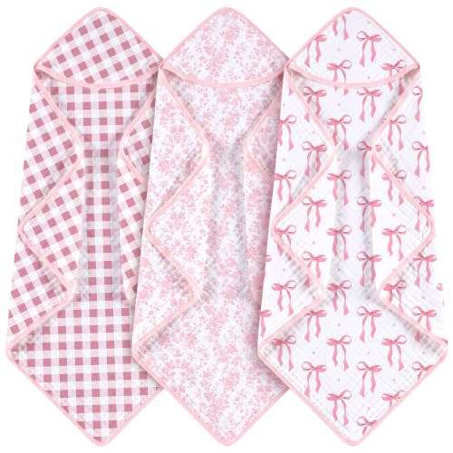 Hahafelt 3 Pcs Baby Towels with Hood 100% Muslin Cotton, Pink Bow Flower | Durable 6-layer Gauze Weave, 32x32 in Large Size, Soft Absorbent for Newborn Infant Toddler Bath Baby Shower Decor Gift