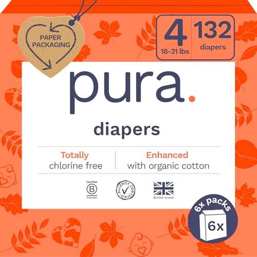 Pura Sensitive Skin Baby Diapers | Size 4 (18-31 lbs) | Hypoallergenic, Totally Chlorine Free, Fragrance Free, Up to 12-Hour Leak Protection | 6 Packs of 22 (132 Diapers)