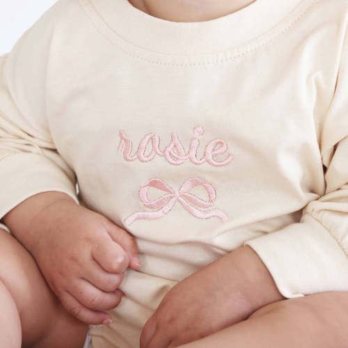 Embroidered Bow Long Sleeve Bubble Romper | Natural
