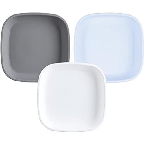 Re-Play Toddler Plates - 22 Oz. Deep-Walled Flat Kids Plates - Dishwasher & Microwave Safe - Made in USA - Set of 3-7.37" x 7.37" x 1.25" - Glacier