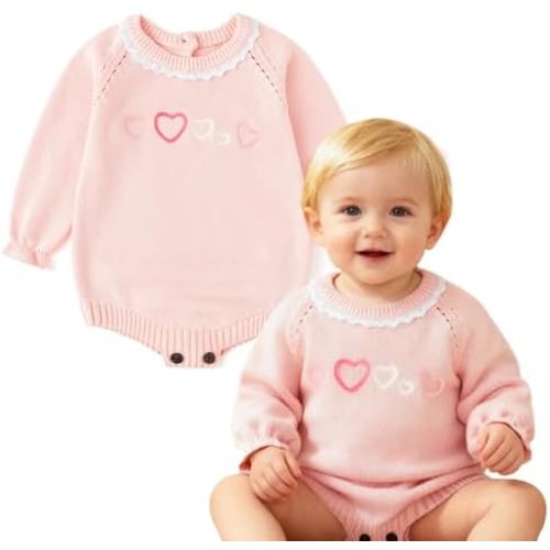 Simplee kids Baby Girl Sweater Romper, Long Sleeve Lace Trim Neck