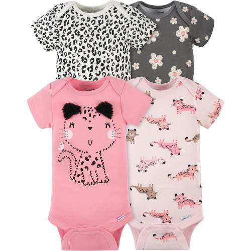 Gerber baby-girls 4-pack Short Sleeve Onesies Bodysuits 6-9 Months Leopard Pink