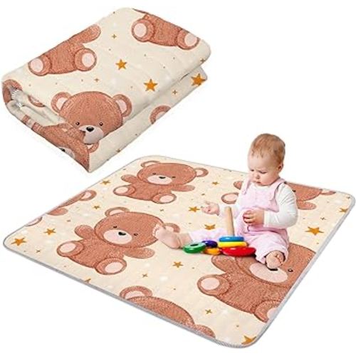 Funtery 43 x 43 Inch Boho Baby Play Mat Portable Crawling Washable Foldable Tummy Time Non Slip Baby Floor Large Playpen Mat for Infants Toddlers Floor Playpen Activity(Bear)