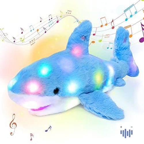 Hopearl LED Musical Stuffed Shark Lighting Up Singing Plush Toy Adjustable Volume Lullaby Animated Soothe Birthday Festival for Kids Toddler Girls, Blue, 16''