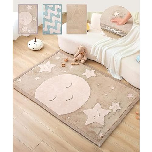 Hakuna Matte CloudRise Baby Play Mat for Floor 60" x 80" Moon & Stars – Coral Velvet Memory Foam Rug for Crawling & Cozy Play – Non-Slip, Water-Resistant, Easy-Care Tummy Time Mat, Playmat for Playpen