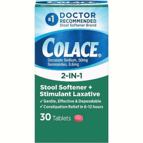 Colace 2-in-1 Stool Softener and Stimulant Laxative Tablets for Gentle Constipation Relief, Docusate and Senna, 30 Count