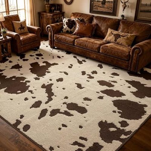 YIHOUSE Cowhide Area Rugs 6×9 Ft, Washable Plush Soft Brown and Cream Cow Rug, Non-Slip High-Low Pile Animal Carpet for Living Room, Bedroom, Dining Room, Nursery, Western Home Decor