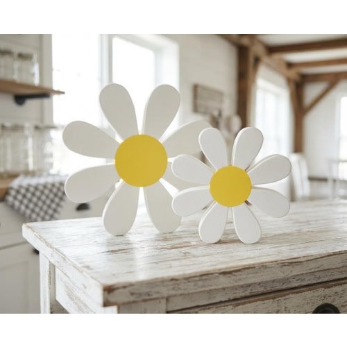 Daisy Shelf Sitter – Spring Decorations - Modern Farmhouse Flower Decor - Tiered Tray Decoration Set - Nursery Decor
