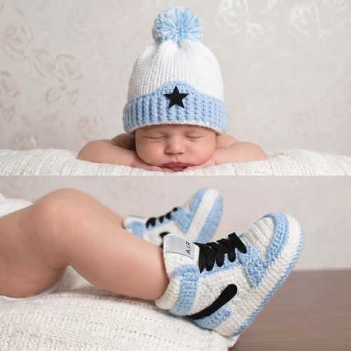 Crochet Baby Jordan Sneakers Booties and Hat Set, Sneakerhead Baby Shower Gift Boy, Newborn Basketball Custom Shoes, Blue Cotton Crib Outfit