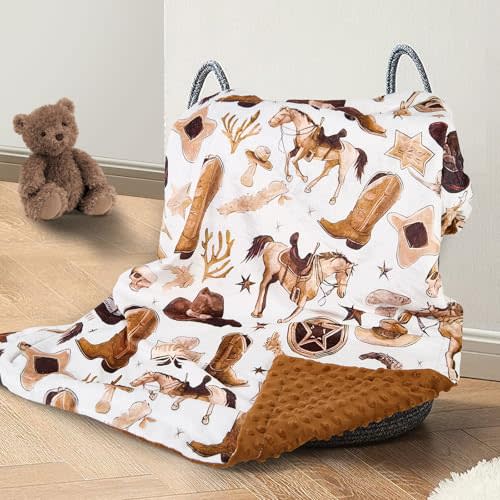 Cowboy Baby Blanket for Boys Girls Soft Fleece Minky Blanket with Dotted Backing Double Layer Newborn Toddler Blankie for Nursery Stroller Crib Gift to Son Nephew Grandson 26.5 * 40 Inches
