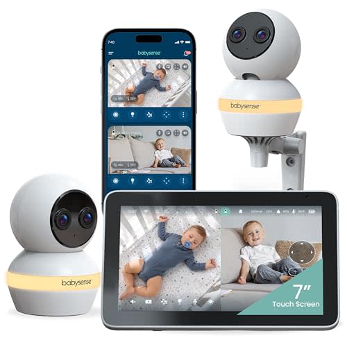 Babysense TOUCH 7" Touchscreen Smart WiFi Baby Monitor with App, Camera and Audio, 2 Cameras with Night Light, 4MP Dual-Lenses with 6X Zoom, AI Auto Tracking, Focus Area, Split-Screen, No Subscription